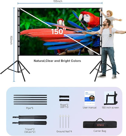 STWUI Projector Screen with Stand - 150 Inch Portable Projector Screens Outdoor Indoor Projector Screen 16:9 4K HD Outdoor Movie Screen with Carry Bag,Enioy Home Theater Projection Screen