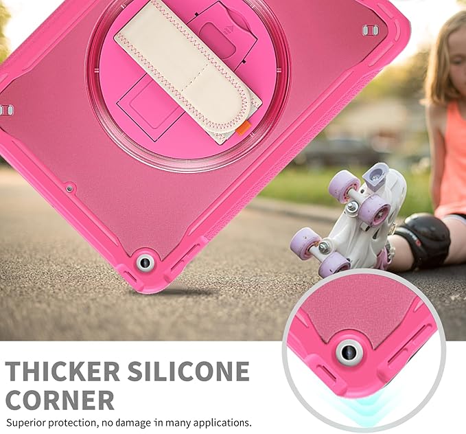 ZenRich Clear Case for iPad 9th/8th/7th Generation 10.2 inch 2021/2020/2019, Shockproof Slim Hard Case with Pencil Holder/360°Rotating Kickstand/Handle/Carrying Strap, Rose