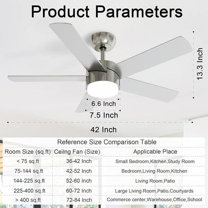 POCHFAN 42 Inch Brushed Nickel Ceiling Fans with Lights,Ceiling Fan with Remote Control,Reversible DC Motor,3 CCT 6-Speed,Noiseless Ceiling Fan for Bedroom,Living Room,Dining Room,ETL Listed