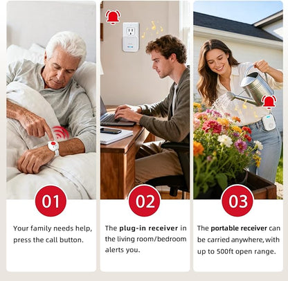 CallToU Caregiver Pager Wireless Call Button for Elderly, Medical Alert Systems for Seniors/Elderly Monitoring with 2 Call Bell, 500+Feet, 1 Plug-in Receiver+1 USB Receiver for Home Patients Emergency