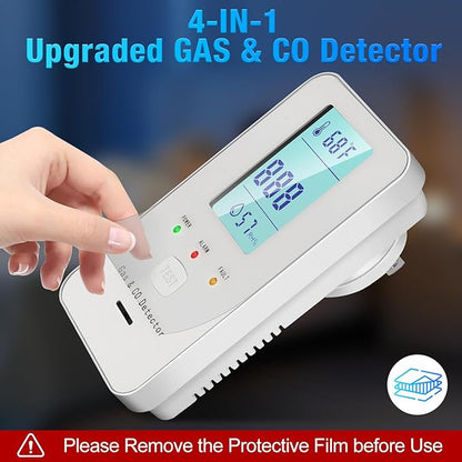 4in1 Combustible Natural Gas & Carbon Monoxide Detector, CO Leak Detector Home Air Quality Monitor with Digital Display for Temperature and Humidity, Kitchen & RV Alarm (Black)