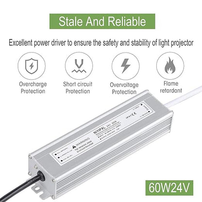 LED Driver 60 Watts 24V DC Low Voltage Transformer， Waterproof IP67 LED Power Supply, Adapter with 3-Prong Plug 3.3 Feet Cable for Any 24V DC led Lights, Computer Project, Outdoor Light