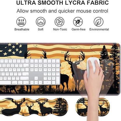 Ergonomic Keyboard Wrist Rest & Mouse Pad Wrist Rest Set, Large XXL Gaming Desk Mat 31.5"x 11.8" with Non-Slip Base, Memory Foam, Easy Typing Pain Relief for Home & Office, American Flag Deer