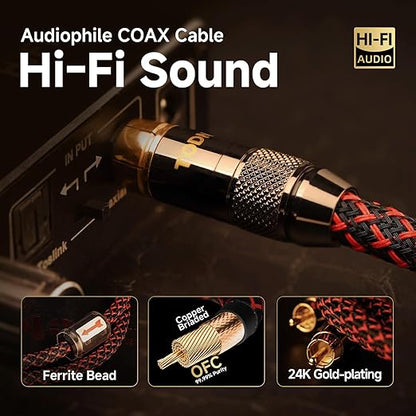 TODN Digital Coaxial Cable OFC Core 75-Ohm Audiophile SPDIF Coax Audio Cable RCA to RCA for HiFi Systems (6.5ft /2m)