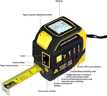 4-in-1 Digital Laser Tape Measure, 16FT Measuring Tape, 328ft Laser Distance Meter, Cross-Line Laser Ruler, Rechargeable, 3000 Uses/Charge, for DIY & Construction
