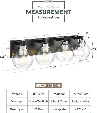 METWET Bathroom Light Fixtures, 4-Light Black and Brushed Nickel Bathroom Vanity Light, 26 Inch Modern Wall Sconces with Globe Clear Glass Shade, Vanity Lighting Fixtures Over Mirror, VL195-KN-4