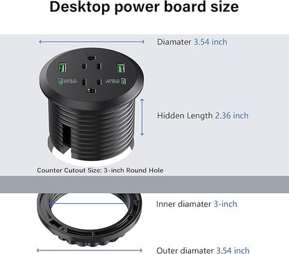 Desktop Power Grommet 3-inch Hole,40W Total Fast Charging Station, 2 PD 20W USB C Port,Flush-Mount Recessed Power Strip, 2 AC Outlets,4 USB Ports,in to The Top of Your Desk,6ft Cord