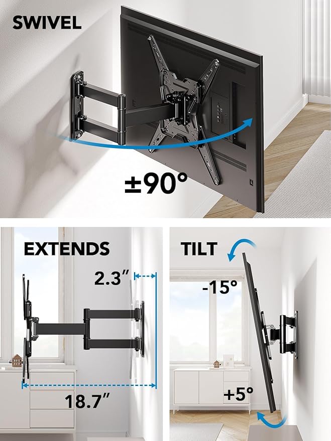 Pipishell Full Motion TV Wall Mount for Most 26-60 inch TVs, 55 inch Compatible, with Swivel, Tilt, Extension, Single Stud Articulating TV Mount Bracket, Holds up to 77 lbs, Max VESA 400x400mm, PIMF11