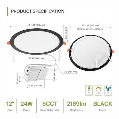 ASD 1 Pack 11/12 Inch LED Recessed Lighting 24W, 5 CCT 2700K-5000K CRI90+, IC Rated Ultra Thin Dimmable Ceiling Lights with J Box, Canless Wafer Downlight, Round Slim Panel Light, UL Listed, Black
