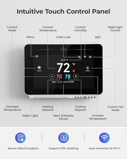 Vine Smart Thermostat for House with Nightlight, 4.3 Inches WiFi Thermostats for Home Compatible with Alexa and Google Assistant, 7day x 8period Programmable, C-Wire Required