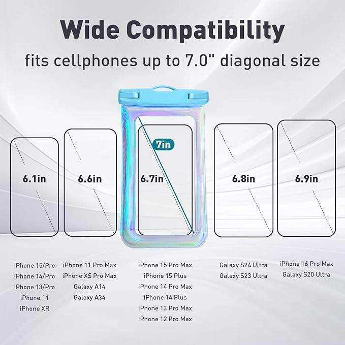 Floatable Waterproof Phone Pouch Case for iPhone 16 Pro Max/15/14/13/12, IP68 Travel Cellphone Waterproof Phone Pouch, Iridescent Blue,1 Pack