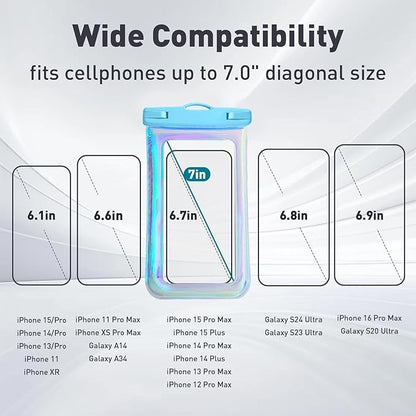 Floatable Waterproof Phone Pouch Case for iPhone 16 Pro Max/15/14/13/12, IP68 Travel Cellphone Waterproof Phone Pouch, Iridescent Blue,1 Pack