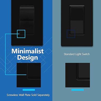 LIDER Black Minimalist Decorator Switch, Frameless Light Switch, On/Off Rocker Switch, Single Pole, Residential Grade, 3 Wire,15A 120-277VAC