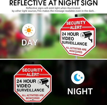 Faittoo Security Sign Video Surveillance Sign with 36" Stake for Outside, 12"x12" Rust Free Heavy Aluminum, Reflective, Fade Resistant, 2 pre-drilled holes, Includes Matching Screws & Wrench