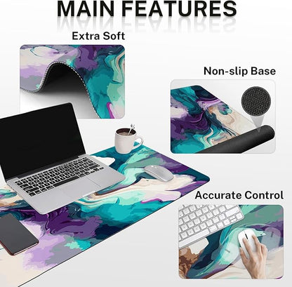 Britimes Teal and Purple Liquid Marbling Keyboard Mouse Pad Set 4in1 Large Mousepad+Keyboard Wrist Rest+Mouse Wrist Rest+Coaster Set with Ergonomic Design for Home Office Computer 35.4x15.7 inches