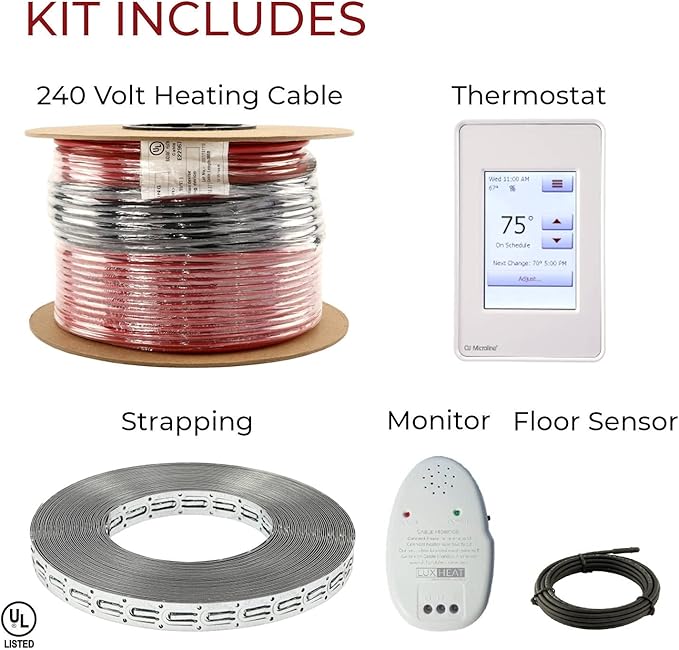 LuxHeat 140sqft Floor Heating Cable Kit - 240v Infloor Heat System - Heated Flooring System Includes UDG4 Programmable Thermostat w/GFCI, Heating Cable, Strapping, Floor Sensor & Alarm