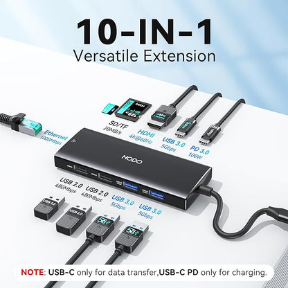 USB C Hub Multiport Adapter, 10-in-1 Laptop USB C Docking Station for Dell/HP Laptop, Type C Dock to 4K HDMI,Ethernet,100W PD,3USB 3.0, 2USB 2.0, SD/TF, Thunderbolt Dock for MacBook, Surface, Lenovo