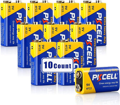 PKCELL 9V Batteries, 10 Pack 9 Volt Batteries Carbon Zinc, 9V Battery for Smoke Detector, Alarms, 6F22 Square Battery
