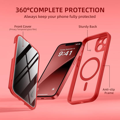 BERFY Magnetic for iPhone 14 Case, Compatible with MagSafe, Built-in Privacy Screen Protector and Upgraded Camera Protection, Anti-Spy Full Body Shockproof Phone Case for 14 6.1", Red