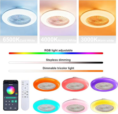 KJDOFN 24 inch Ceiling Fan with RGB Light Remote, Smart LED Ceiling Fans with Remote/App Control, Modern Low Profile Dimmable Light Ceiling Fan for Bedroom Living Room White
