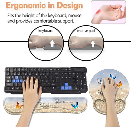 Keyboard Wrist Rest + Mouse Pad Wrist Support Set with Coasters, Non-Slip PU Base Ergonomic Mousepad for Home Office Working Studying Easy Typing & Pain Relief, Glitter Quote Live Laugh Love
