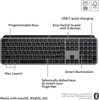 Logitech MX Keys S for Mac, Wireless Keyboard, Fluid, Precise Laptop-Like Typing, Programmable Keys, Backlit, Bluetooth USB C Rechargeable for MacBook Pro, MacBook Air, iMac, iPad - Space Grey