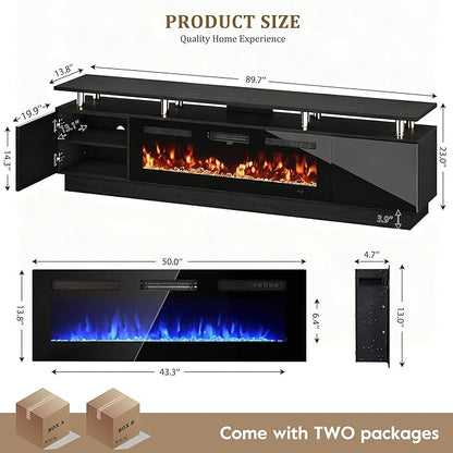 oneinmil 90'' Fireplace TV Stand with 50” Electric Fireplace, 2 Tier TV Console Stand for TVs Up to 100", LED Light Entertainment Center, Fireplace for The Living Room TV Stand, Black