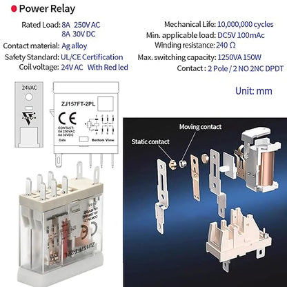 UL Listed 6Pcs 24VAC Relay Electromagnetic Power Relay 8Amp 8Pins DPDT with Test Button, Indicator Light Module and Socket Base 2NO 2NC AC 24V