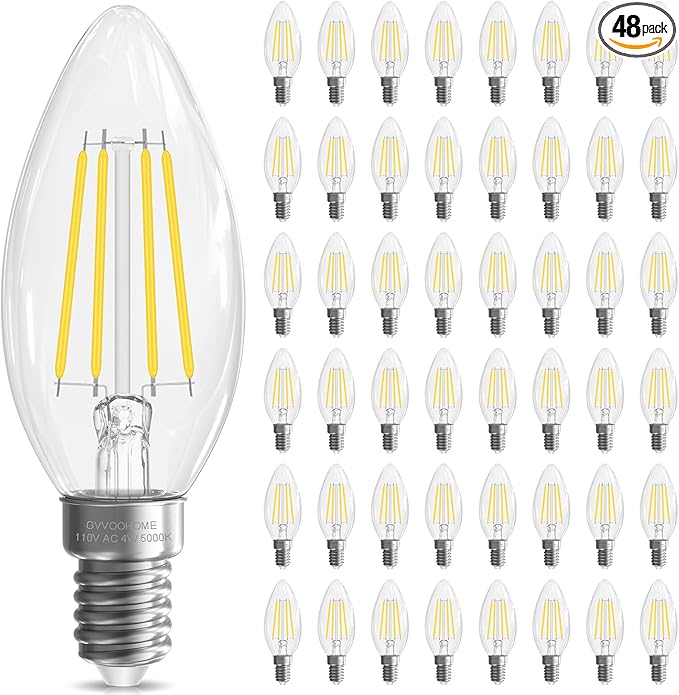 GvvooHome LED Candelabra Light Bulbs, E12 Bulb dimmable, 4W,40 watt Equivalent, Chandelier Light Bulbs, B10 Candle Bulb 5000K Daylight, 90+CRI, 400LM, Clear Glass, 48 Pack