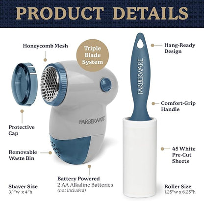 Farberware Fabric Shaver & Lint Remover Set – Battery Operated Sweater Shaver with Triple Blades and Extra Sticky Roller for Pet Hair, Fuzz & Pilling on Clothes, Upholstery & Bedding