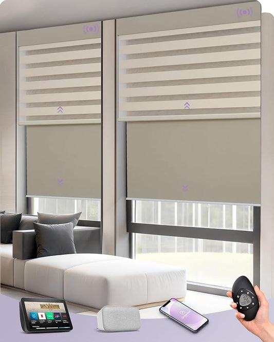 Graywind Smart Dual Shades Compatible with Alexa Google Homepod Motorized Double Zebra Blinds Matter Solar Powered, Custom Size (Beige)