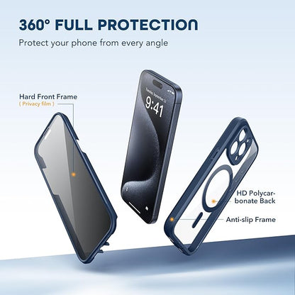 Magnetic for iPhone 15 Pro Max Case, Compatible with MagSafe, Built-in Privacy Screen Protector and Camera Protection, Anti Spy Full Body Dustproof Shockproof Hard Phone Case 6.7", Dark Blue
