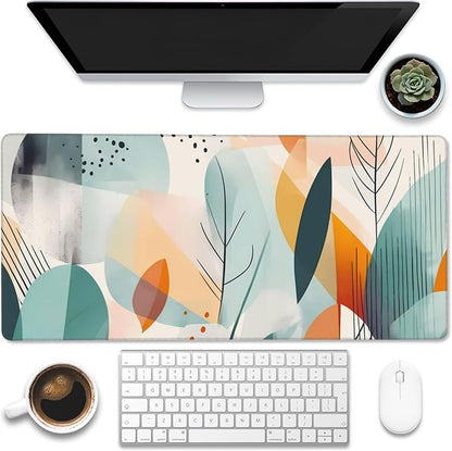 Eflxamz Desk Pad,Abstract Colorful Leaves Desk Mat,Abstract Line Art Large Gaming Mouse Pad for Desk,Extended Big Computer Keyboard Mouse Pad with Non-Slip Base and Stitched Edge,35.4"x15.7"