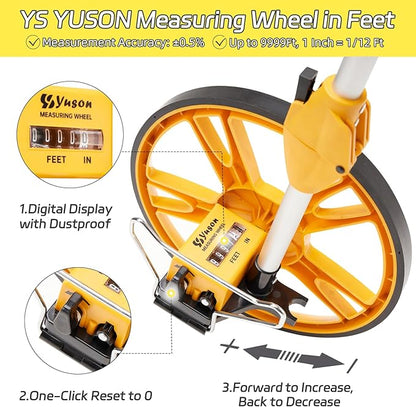 YS YUSON 12 Inch Rolling Measuring Wheel in Feet, Digital Measuring Wheel for Construction, Outdoor, Wheel Measurement Roller with Tape Measure and Canvas Carrying Bag, One Key to Reset, Up to 9999Ft