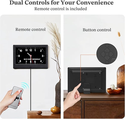 7'' Digital Clocks, 12 Reminders & 6 Alarms, Dementia Clock with Date and Time for Elderly, Auto-Dimming, Button & Remote Control, Auto DST, Digital Calendar for Seniors Large Display, Black Woodgrain