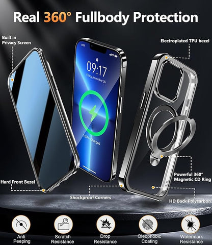 [360° Rotatable CD Stand & Built-in Privacy Screen Magnetic Case for iPhone 13 Pro [Compatible with MagSafe & Full Signal] Mil-Grade Shockproof Full Body Anti-Spy Cover for 13 Pro-Black
