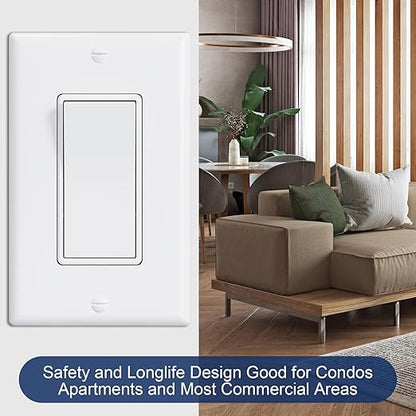 ThunderWay Single Pole Decorator Wall Light Switch with Wall Plate, 15A 120V/277V, On/Off Paddle Switch, Residential Grade - UL Listed, White (20)