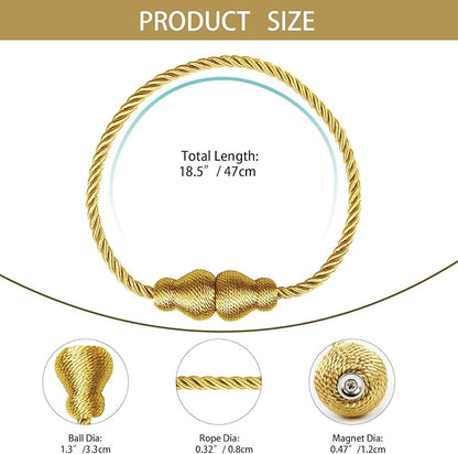 Nieffeiy Magnetic Curtain Tiebacks Outdoor Curtain Tie Backs Rope Decorative Magnetic Curtain Holders for Drapes Window Treatment Holdbacks, Gold 4Pack