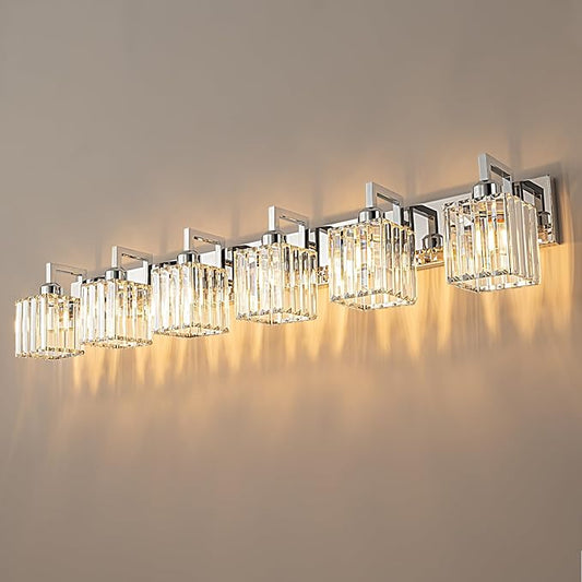 FDPBY Modern Bathroom Vanity Light 6-Lights Chrome Crystal Wall Lamp Bathroom Modern Crystal Vanity Lighting