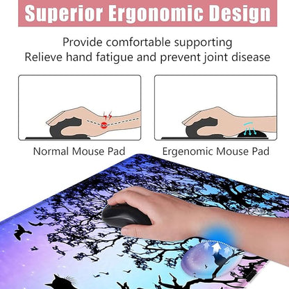 BFUKVOU Large Keyboard Mouse Pad Set, Extended Mouse Pad+Keyboard Wrist Rest Support, Memory Foam Ergonomic Easy Typing, 4Pcs (31.5×11.8 in) Desk Pad Set for Office Home,Black Cat Under Starry Night