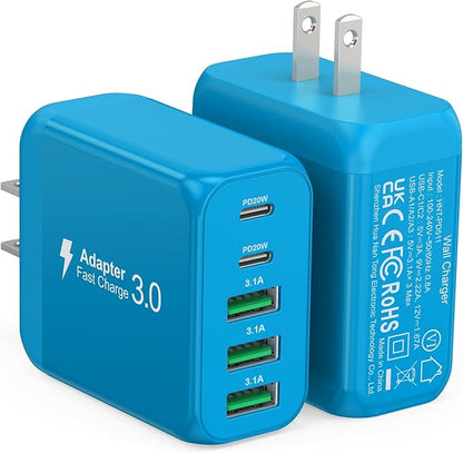 2-Pack USB C Wall Charger Block,60W 5-Port C Charger Fast Charging Block PD Power Adapter +QC 3.0 Multiport Type C Box Charger Cube USB A Wall Plug for iPhone 14/15/16/17 Pro Max,Samsung Galax