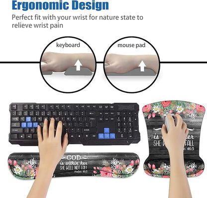 Ergonomic Mouse Pad Wrist Support and Keyboard Wrist Rest Set with Coasters, Non-Slip PU Base, Easy Typing and Relieve Wrist Pain for Home Office Working Studying, Floral Quote Bible Verses Psalm 46:5