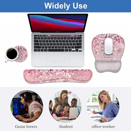 Ergonomic Mouse Pad Wrist Support and Keyboard Wrist Rest Set with Coasters, Non-Slip PU Base, Easy Typing & Pain Relief, Perfect for Home Office Working Studying, Bible Verses Proverbs 31:25