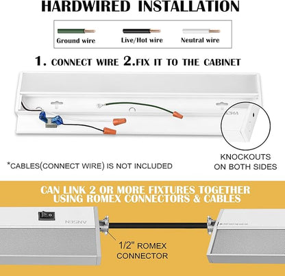 Ansen Hardwired Under Cabinet Lighting, 24in 18W LED Light for Kitchen/Closet, 1237lm, CRI>92, R9>90, 3 Color Temperature, Dimmable, 3000K/4000K/5000K(Warm White, Cool White, Daylight)