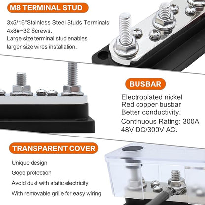 AMOMD 300A Bus Bars 3 Terminal Studs (5/16 inch) M8 4x8#-32 Screws Nickel Plated Copper Distribution Block Negative Electrical Buss Bars 12-48 V DC with Cover for Trailer Marine Boat Car RV (Black)
