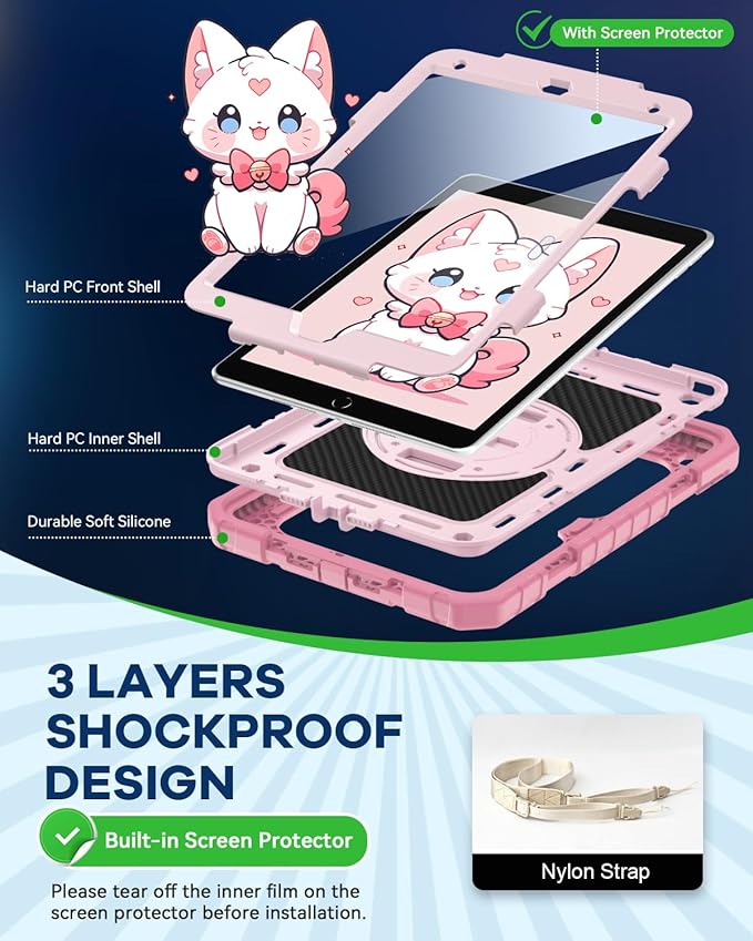 Cantis Case for iPad 9th/8th/7th Generation with Screen Protector, iPad 10.2 Case 2021/2020/2019 with 360 Degree Rotating Stand/Shoulder Strap/Pencil Holder, Pink