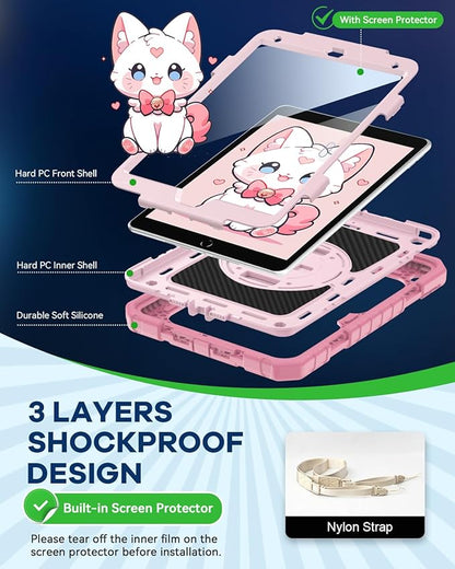 Cantis Case for iPad 9th/8th/7th Generation with Screen Protector, iPad 10.2 Case 2021/2020/2019 with 360 Degree Rotating Stand/Shoulder Strap/Pencil Holder, Pink
