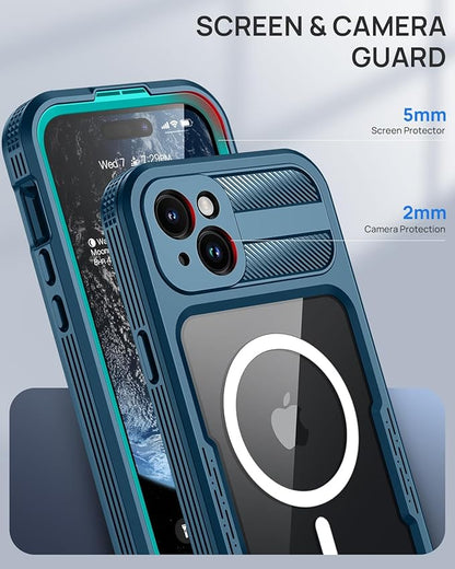 Lanhiem Magnetic for iPhone 15 Case, IP68 Waterproof Dustproof Case, [Compatible with Magsafe] [Built-in Screen Protector] Full Body Heavy Duty Rugged Phone Cover 6.1 inch, Blue/Clear