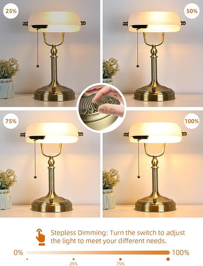 Newrays White Matted Glass Bankers Desk Lamp, Stepless Dimmable Table Lamp Plug in Fixture for Study, Home Office,Library, LED Bulb Included