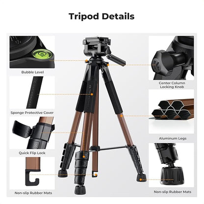 K&F CONCEPT Camera Tripod, 75" Lightweight Portable Travel Outdoor DSLR Tripods for Camera Phone Video Recording Tripod Stand, Cellphone Clip for Smartphone Live Streaming Vlog (Bronze Gold, 75'')